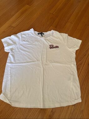 Maje White Short Sleeve Tee with Pink Embroidered Script